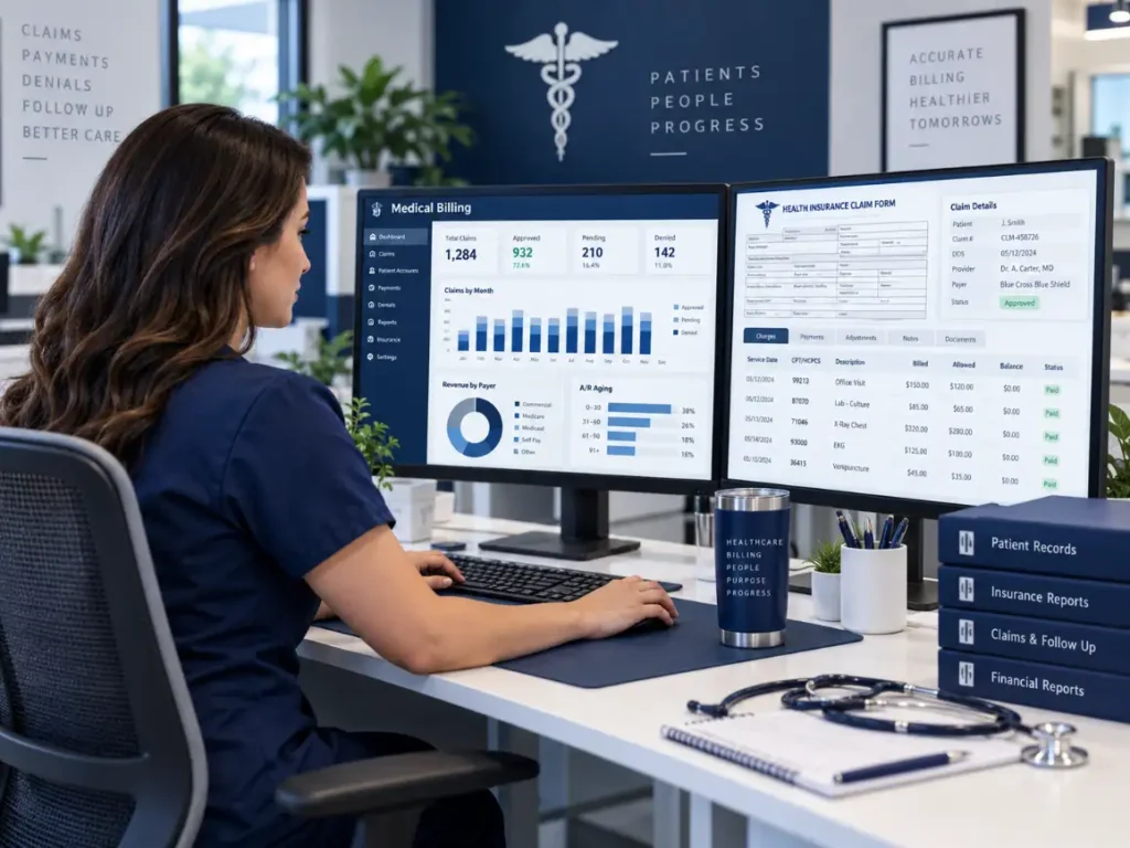 Medical billing specialist reviewing insurance claims and revenue cycle reports for a healthcare practice.